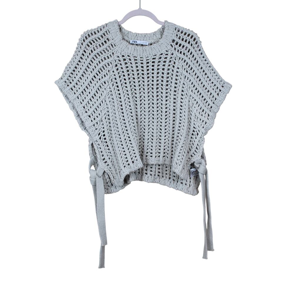 Zara Taupe Tan Chunky Open Knit Cropped Short Sleeves Tie Sides Sweater Size S